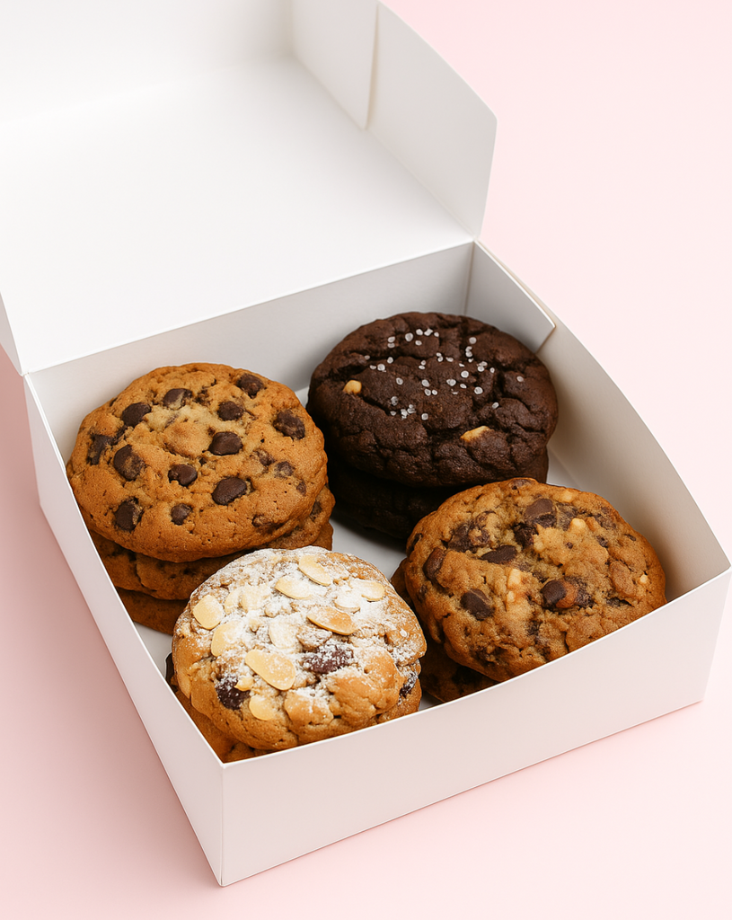 Assorted cookies in a white box on a pink background