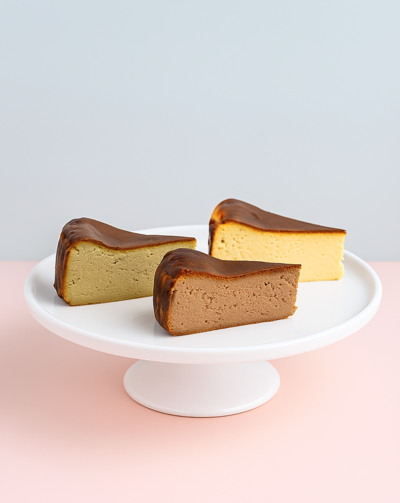 Three slices of cheesecake on a white cake stand with a light gray background