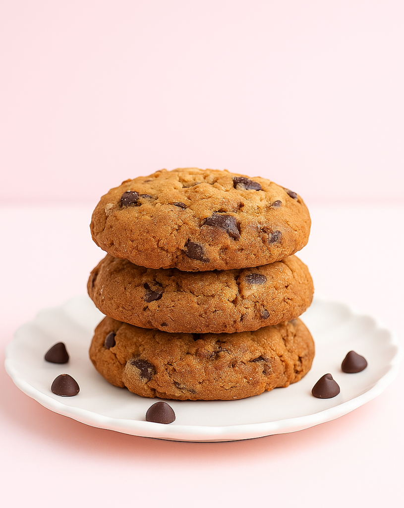 Stack of chocolate chip cookies on a white plate with a pink background