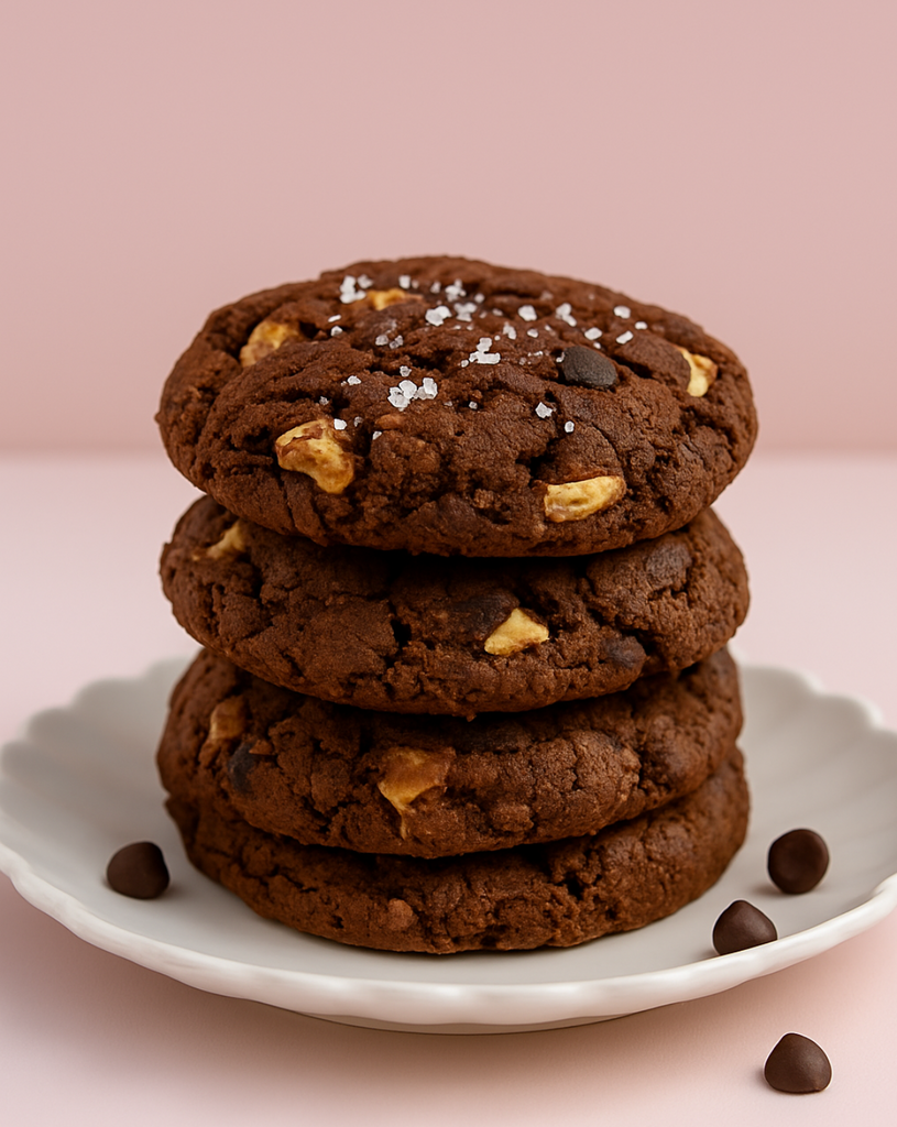 Stack of Triple chocolate cookies on a white plate against a pink background